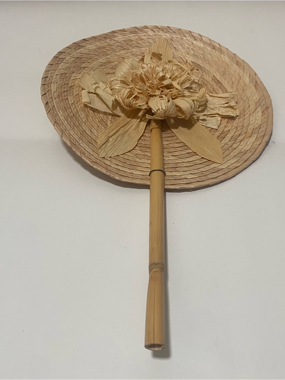 Handcrafted Straw Wall Fan with Decorative Flower - Natural